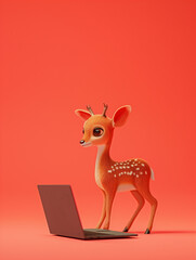 A Cute 3D Deer Using a Laptop Computer in a Solid Color Background Room