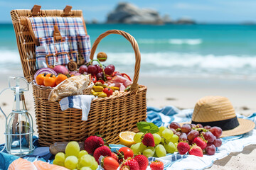 Wicker picnic basket filled with fruits and vegetables for a picnic on the beach
