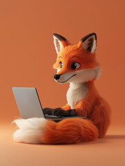 A Cute 3D Fox Using a Laptop Computer in a Solid Color Background Room