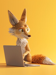 A Cute 3D Coyote Using a Laptop Computer in a Solid Color Background Room