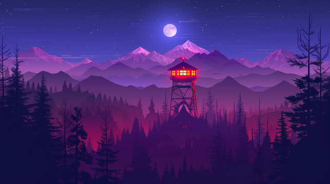 Firewatch tower in the middle of a forest. Simple illustration with flat design, mountains and a moon in the background. 