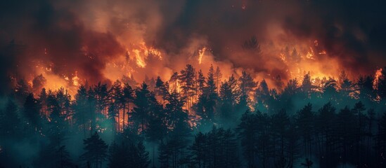 Devastating Forest Fire Engulfing Tall Trees - obrazy, fototapety, plakaty
