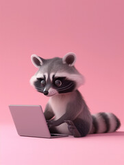 A Cute 3D Raccoon Using a Laptop Computer in a Solid Color Background Room