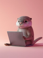 A Cute 3D Otter Using a Laptop Computer in a Solid Color Background Room