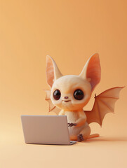 A Cute 3D Bat Using a Laptop Computer in a Solid Color Background Room