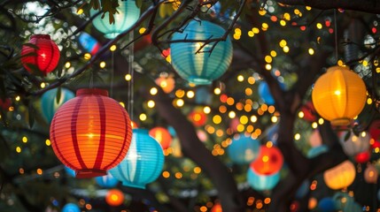 Colorful lanterns and fairy lights strung between trees adding to the festive atmosphere at the mindful drinking festival.