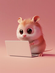 A Cute 3D Lemming Using a Laptop Computer in a Solid Color Background Room