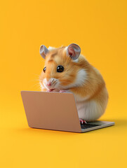 A Cute 3D Hamster Using a Laptop Computer in a Solid Color Background Room