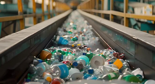 Sorting Mixed Recyclables at Waste Management Facility Using Conveyor Belt. Concept Recycling, Waste Management, Sorting, Conveyor Belt, Sustainability
