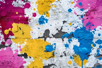 Abstract vibrant paint splatters on clean white wall background for design and creativity concepts