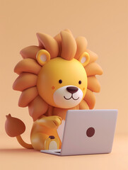 A Cute 3D Lion Using a Laptop Computer in a Solid Color Background Room