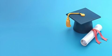 Mortarboard with certificate on blueprint background. 3d illustration.3d graduation cap with diploma. Element for back to school, learning and online education banners. High quality isolated render.