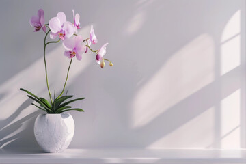 Large pot with pink orchid minimalist home decor on grey background with mockup and space for design. Layer