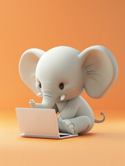 A Cute 3D Elephant Using a Laptop Computer in a Solid Color Background Room