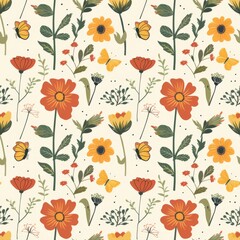 Simple Seamless Mother's Day Pattern with Spring Flowers and Butterflies

