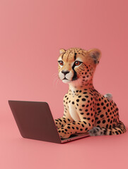 A Cute 3D Cheetah Using a Laptop Computer in a Solid Color Background Room