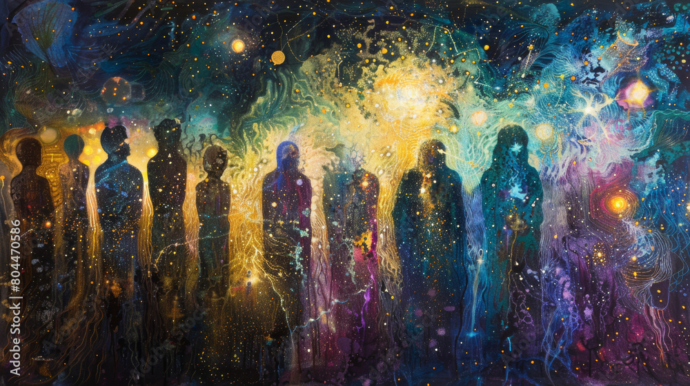 Wall mural an abstract representation of human figures woven into a tapestry of the cosmos, with each thread re