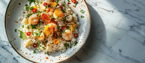 White Plate With Rice and Shrimp
