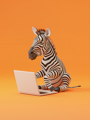 A Cute 3D Zebra Using a Laptop Computer in a Solid Color Background Room