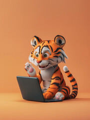 A Cute 3D Tiger Using a Laptop Computer in a Solid Color Background Room