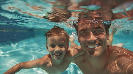 Underwater portrait of happy dad and child in swimming pool.