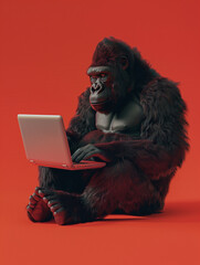 A Cute 3D Gorilla Using a Laptop Computer in a Solid Color Background Room