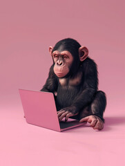 A Cute 3D Chimpanzee Using a Laptop Computer in a Solid Color Background Room