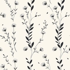 Simple Seamless Minimalist Lineart Wedding Pattern with Floral Bouquets and Vines

