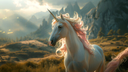 white unicorn horse in the field with pink hairs