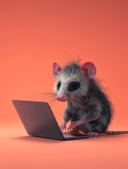 A Cute 3D Opossum Using a Laptop Computer in a Solid Color Background Room