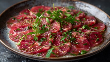  a plate of beef carpaccio, thinly sliced and artfully arranged, with sharp, crisp details and clean composition.