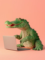 A Cute 3D Alligator Using a Laptop Computer in a Solid Color Background Room
