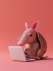 A Cute 3D Armadillo Using a Laptop Computer in a Solid Color Background Room