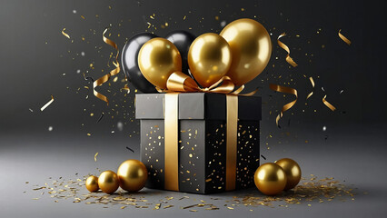 Naklejka premium Happy Birthday Banner and Greeting Card. Luxury and Premium Birthday Celebration Cover and Background with Gift Box, Confetti, and Golden Text Vector Illustration 