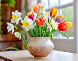 Bouquet of fresh colorful garden flowers like tulips and narcissus located in ceramic vase