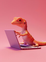 A Cute 3D Lizard Using a Laptop Computer in a Solid Color Background Room