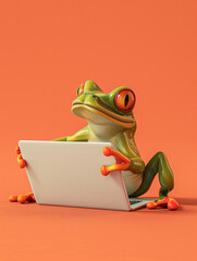 A Cute 3D Frog Using a Laptop Computer in a Solid Color Background Room