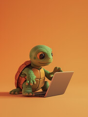 A Cute 3D Turtle Using a Laptop Computer in a Solid Color Background Room