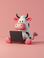 A Cute 3D Cow Using a Laptop Computer in a Solid Color Background Room