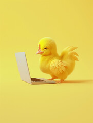 A Cute 3D Chicken Using a Laptop Computer in a Solid Color Background Room