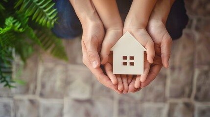 Adult and child hands holding paper house.