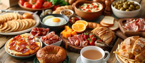 Varied Breakfast Spread on Wooden Table