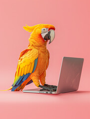 A Cute 3D Parrot Using a Laptop Computer in a Solid Color Background Room
