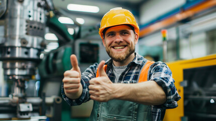 Construction Worker Two Thumbs Up Isolated on cnc factory