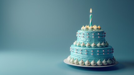 Blue birthday cake with candle isolated on blue background. Sweet Birthday Delight.