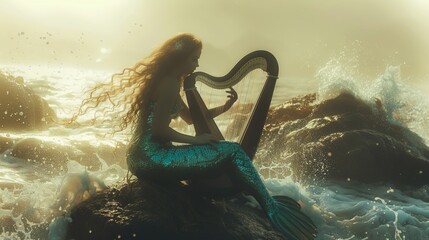 Beautiful mysterious mermaid sitting on a rock playing a harp in sea.