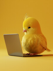 A Cute 3D Canary Using a Laptop Computer in a Solid Color Background Room