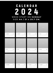 Calendar 2024 clean and minimal design size A4, Week start on sunday