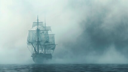 Fototapeta premium Sailing ship in sea water in heavy fog.