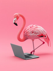 A Cute 3D Flamingo Using a Laptop Computer in a Solid Color Background Room